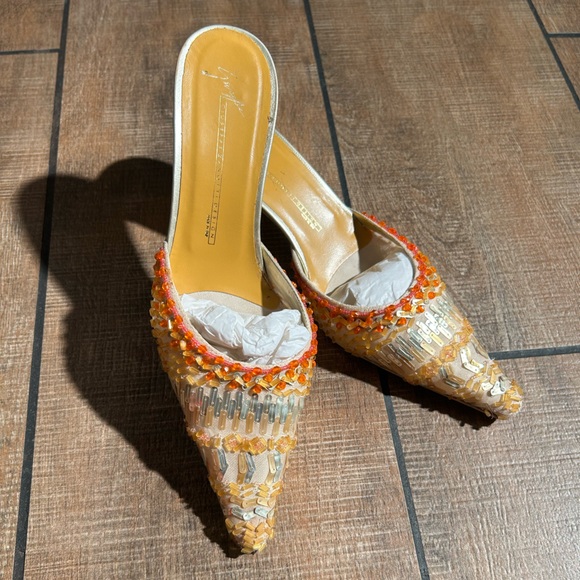 Giuseppe Zanotti Shoes - Vintage Y2K Embellished Yellow Beaded Pointed-Toe Mule Sz 7 1/2